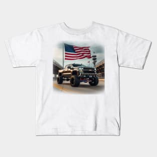 Chevrolet Silverado and The American Flag by Gas Autos Kids T-Shirt